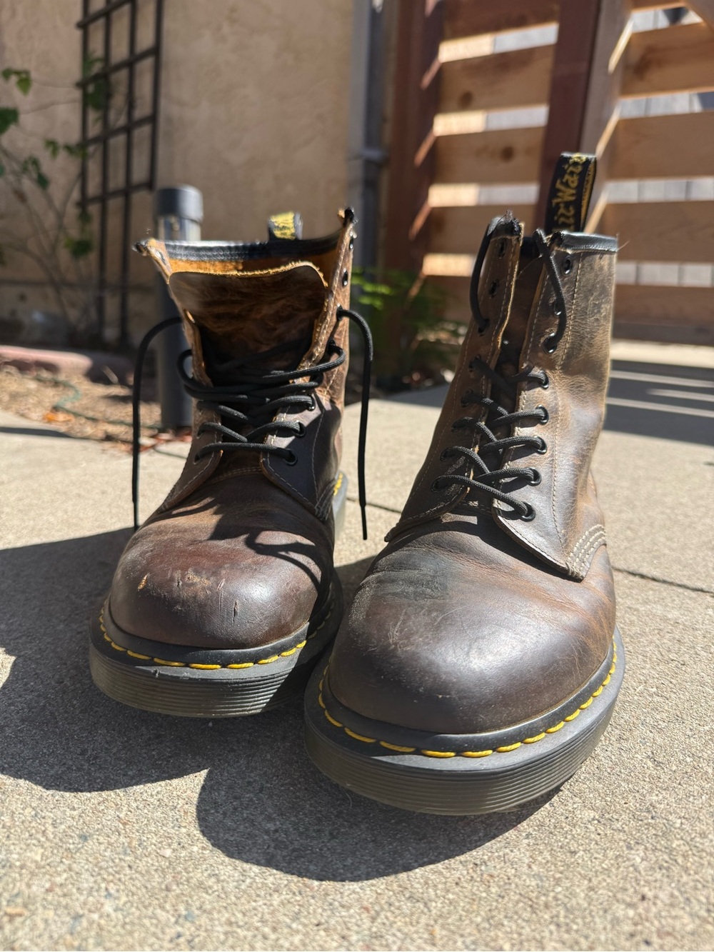 Dr. Martens Brown Leather Lace-Up Work Boots with Yellow Stitching